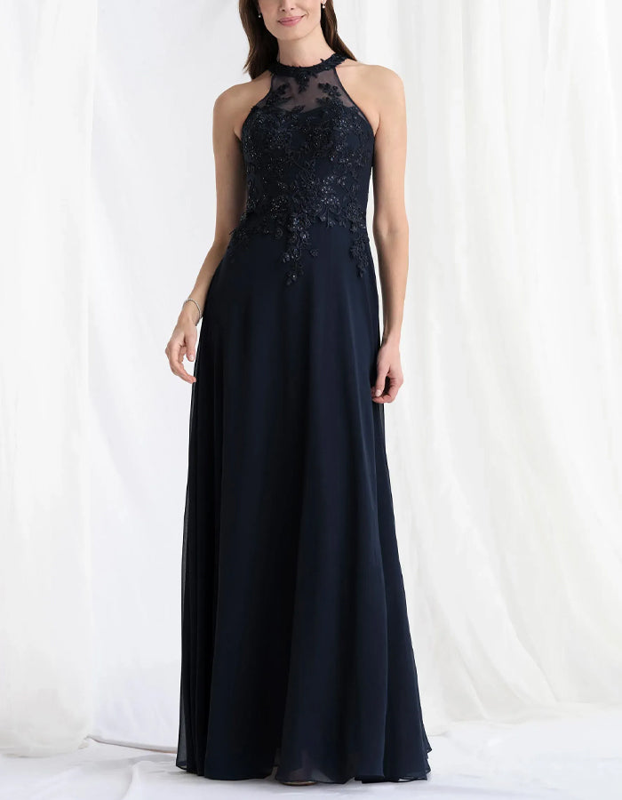 Navy Blue Chiffon Halter Neck Lace Maxi Dress
