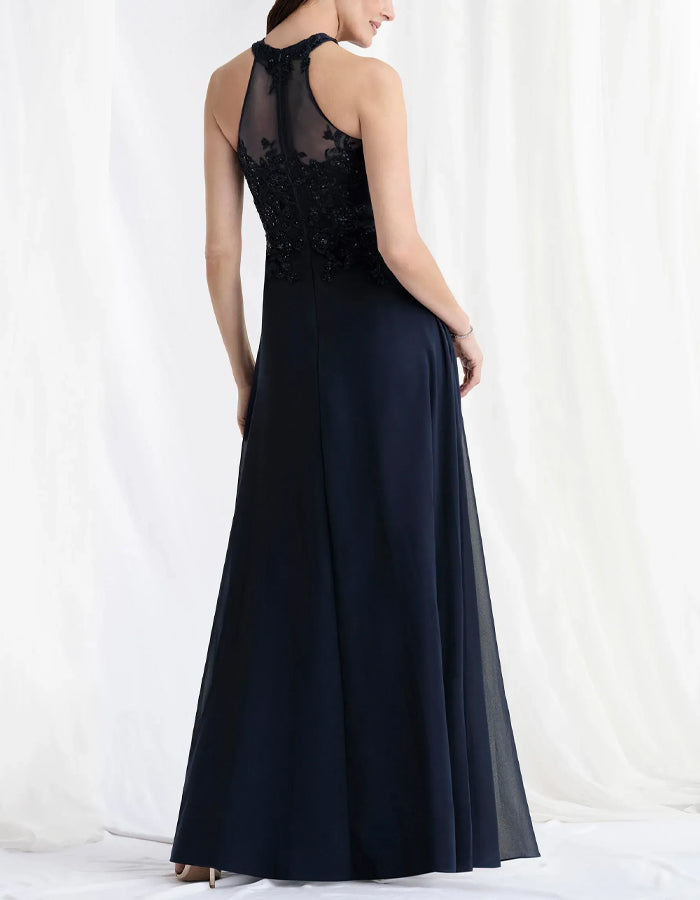 Navy Blue Chiffon Halter Neck Lace Maxi Dress