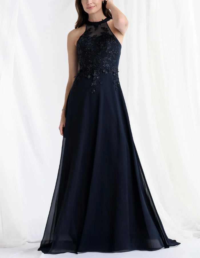 Navy Blue Chiffon Halter Neck Lace Maxi Dress