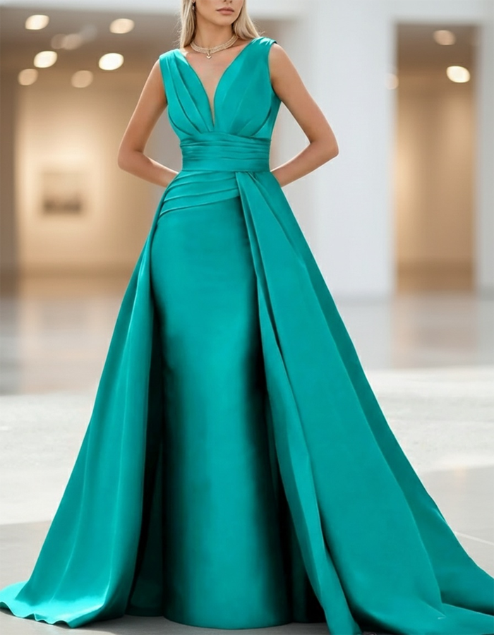 Vestido largo de satén con cuello de pico drapeado