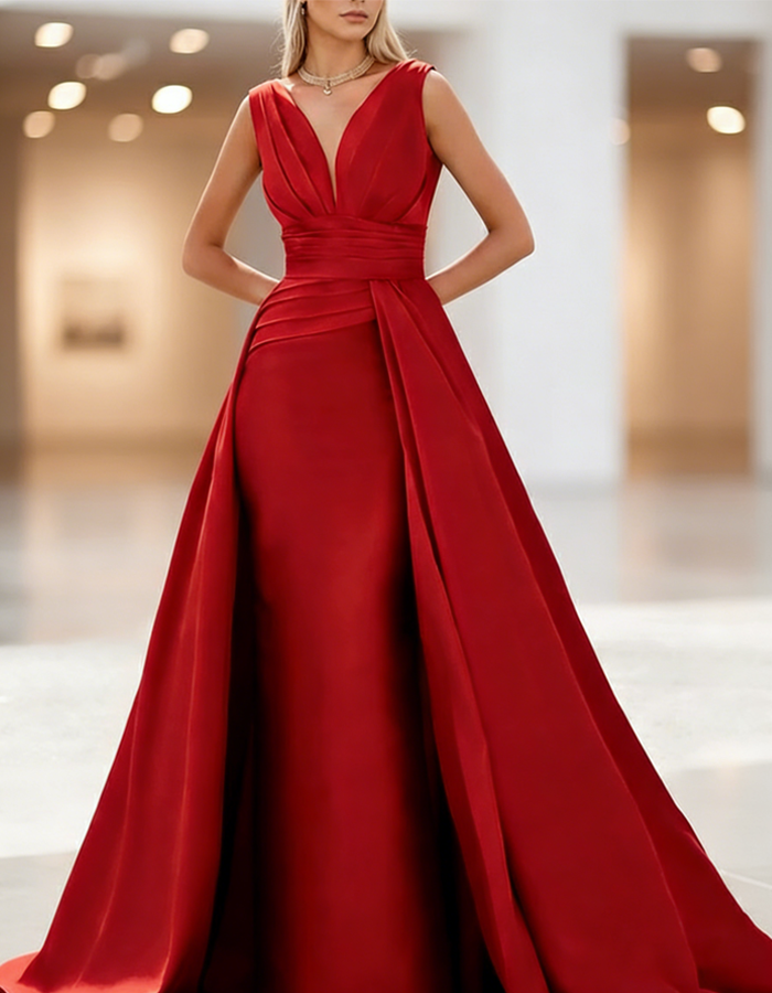 Draped V-Neck Satin Maxi Dress