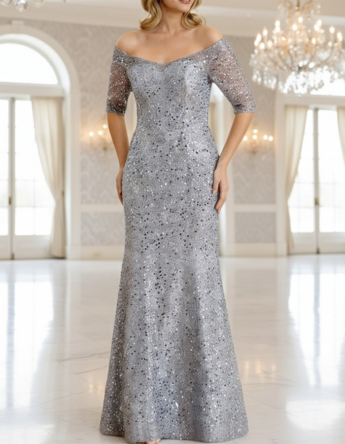 Off-the-Shoulder Sequined Maxi Dress