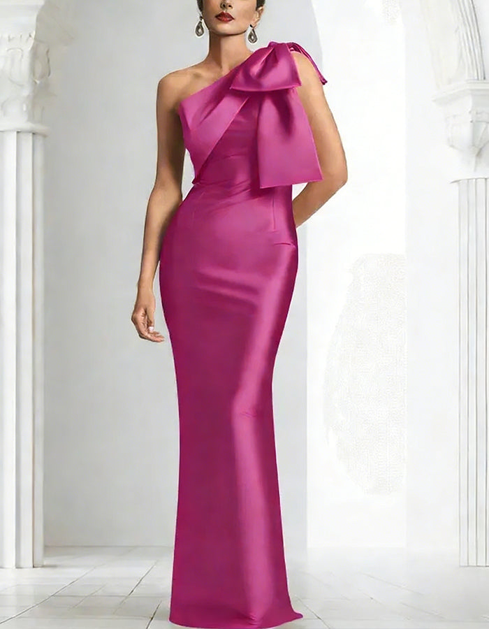 Rose Red Satin One Shoulder Fishtail Bow Maxi Dress