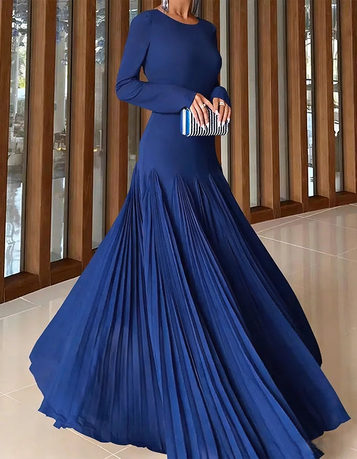 Royal Blue Long Sleeved Pleated Fishtail Maxi Dress