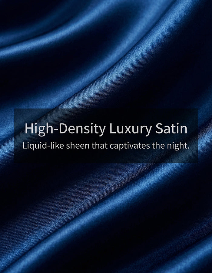 Navy Blue Satin One Shoulder Pleated Fishtail Maxi Dress