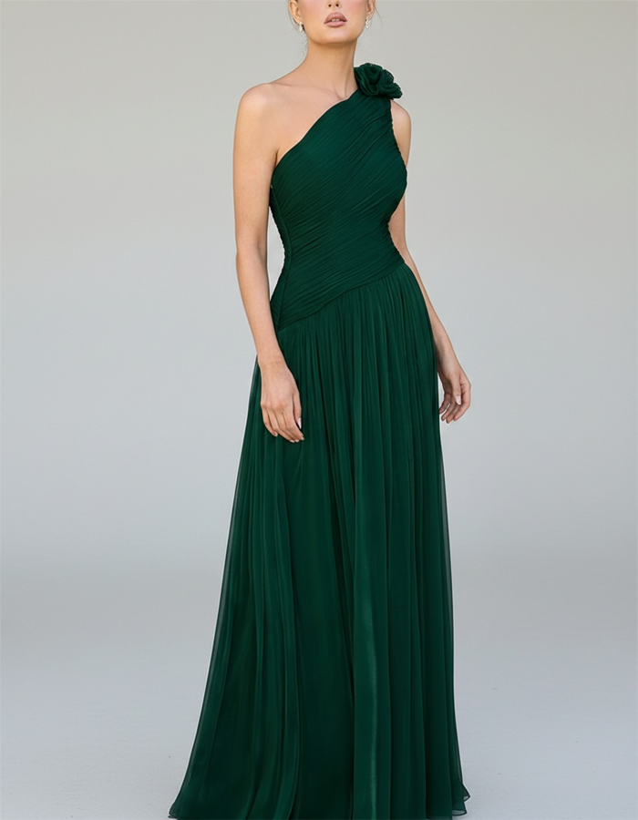 One-Shoulder Pleated Chiffon Maxi Dress