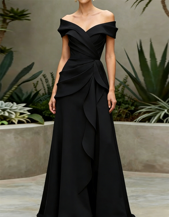 Off-the-Shoulder Pleated Satin Maxi Dress