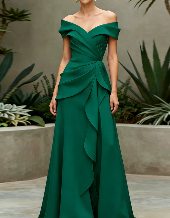 Off-the-Shoulder Pleated Satin Maxi Dress