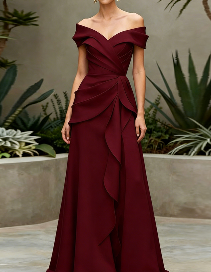 Off-the-Shoulder Pleated Satin Maxi Dress