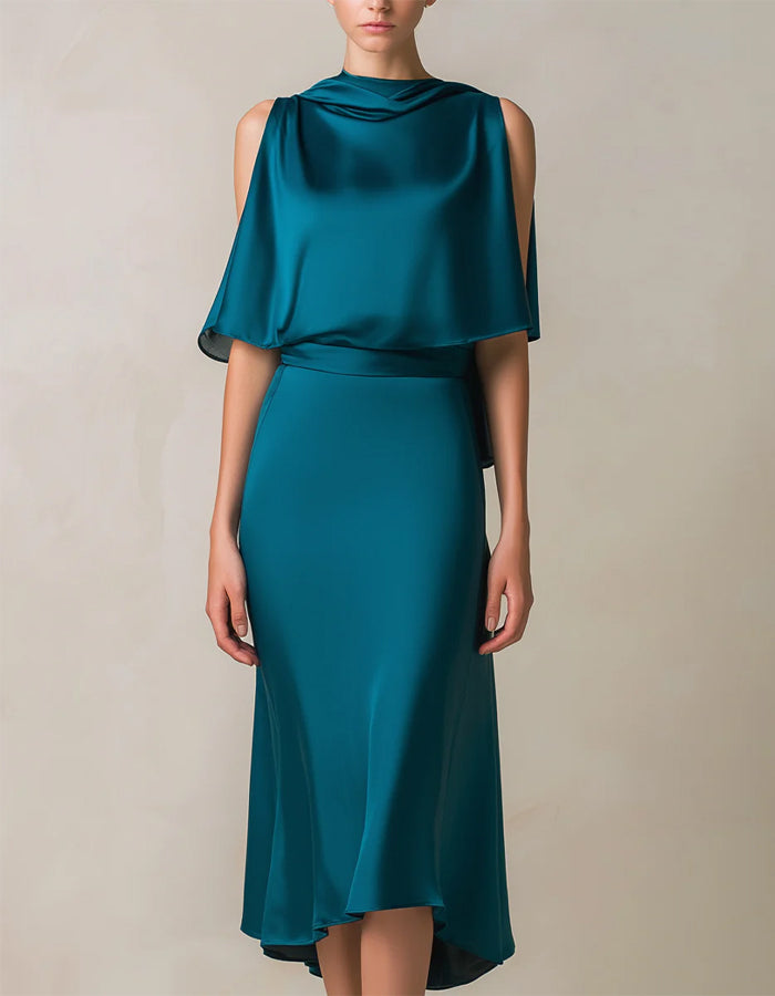 Peacock Blue Shimmering Satin Cape With Fishtail Collar Midi Dress