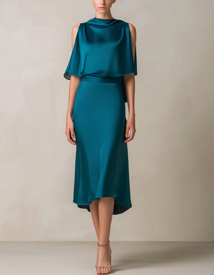 Peacock Blue Shimmering Satin Cape With Fishtail Collar Midi Dress
