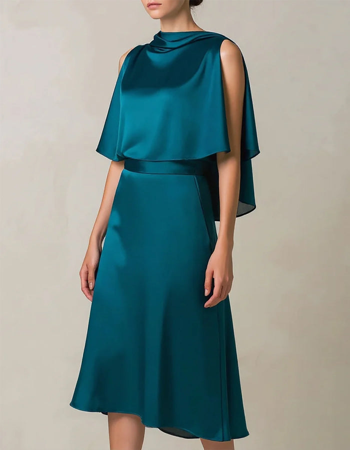 Peacock Blue Shimmering Satin Cape With Fishtail Collar Midi Dress