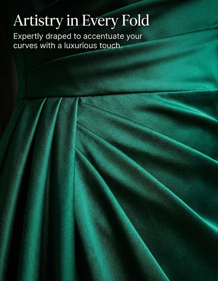 Green Shimmering Satin Single Shoulder Twisted Train Maxi Dress