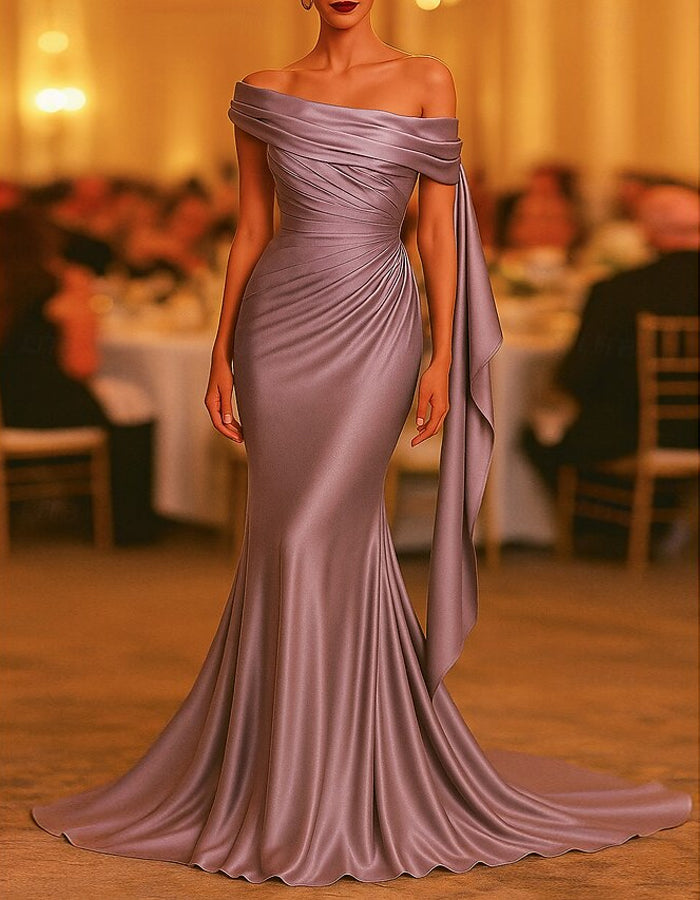 Solid Color Shimmering Satin Off Shoulder Draped Train Maxi Dress