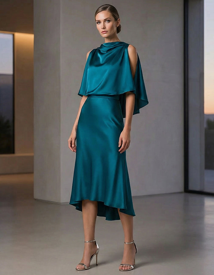 Peacock Blue Shimmering Satin Cape With Fishtail Collar Midi Dress