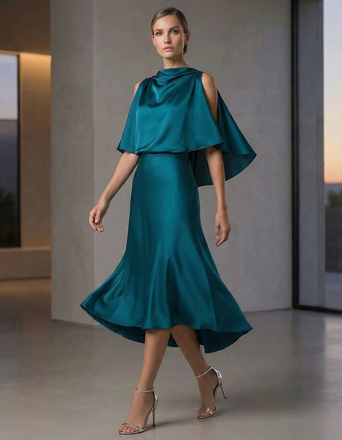 Peacock Blue Shimmering Satin Cape With Fishtail Collar Midi Dress