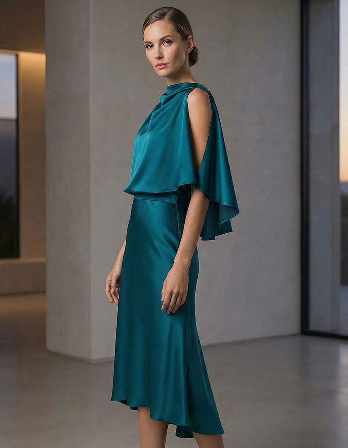Peacock Blue Shimmering Satin Cape With Fishtail Collar Midi Dress