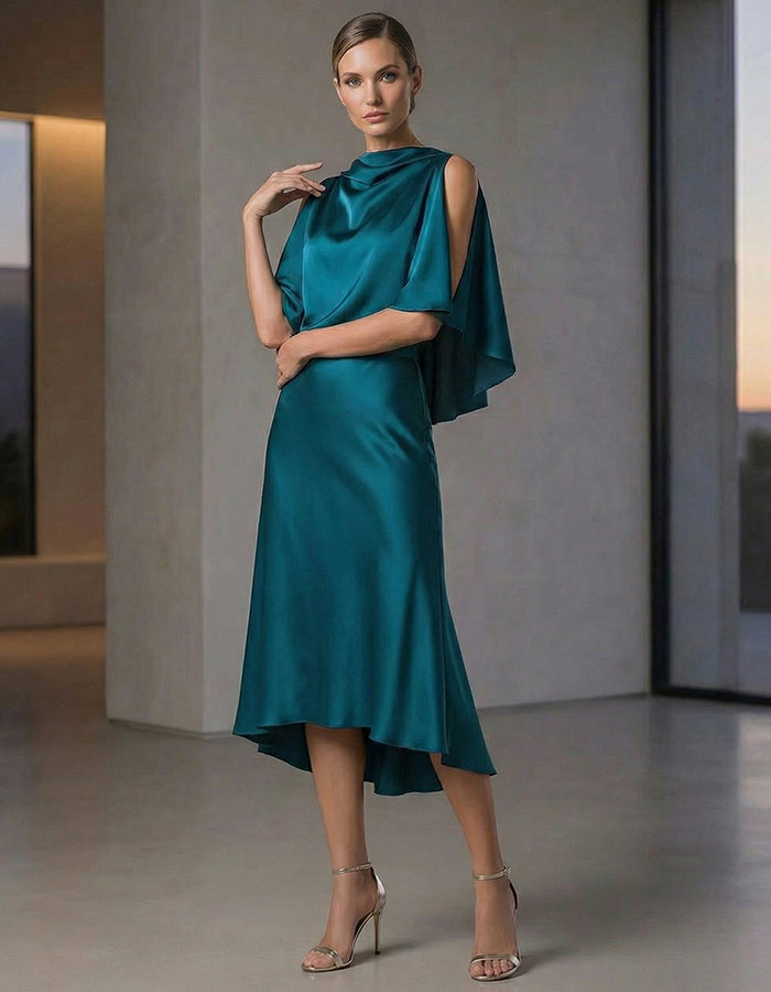 Peacock Blue Shimmering Satin Cape With Fishtail Collar Midi Dress