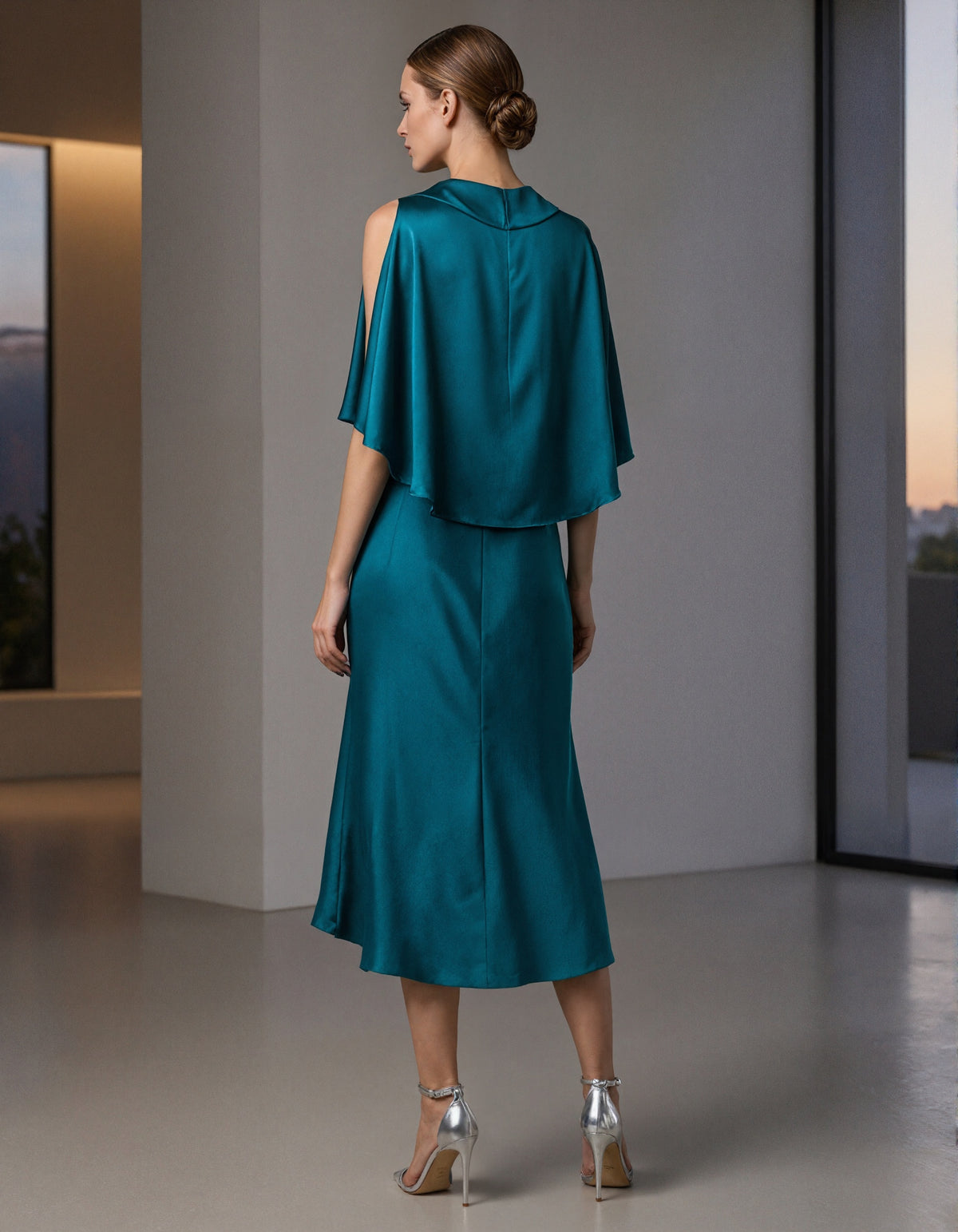 Peacock Blue Shimmering Satin Cape With Fishtail Collar Midi Dress