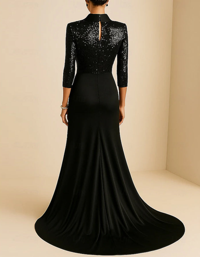 Color Blocked Sequined Suit Collar Satin Train Maxi Dress