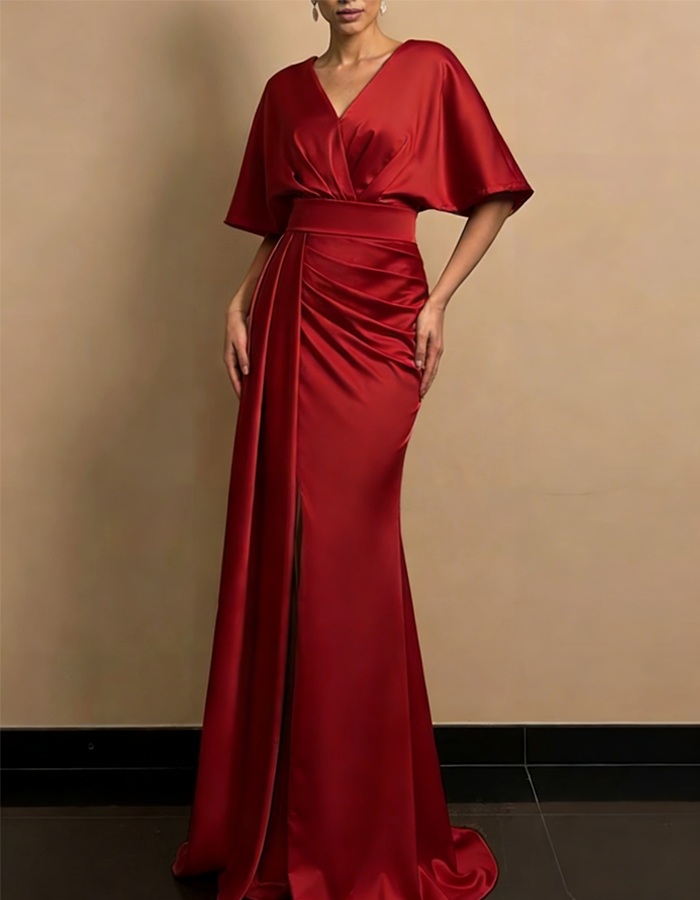 Vestido largo de sirena de satén con mangas tipo chal