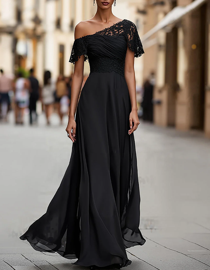 One-Shoulder Lace Chiffon Maxi Dress