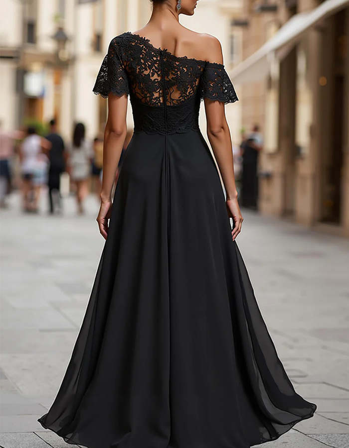 One-Shoulder Lace Chiffon Maxi Dress