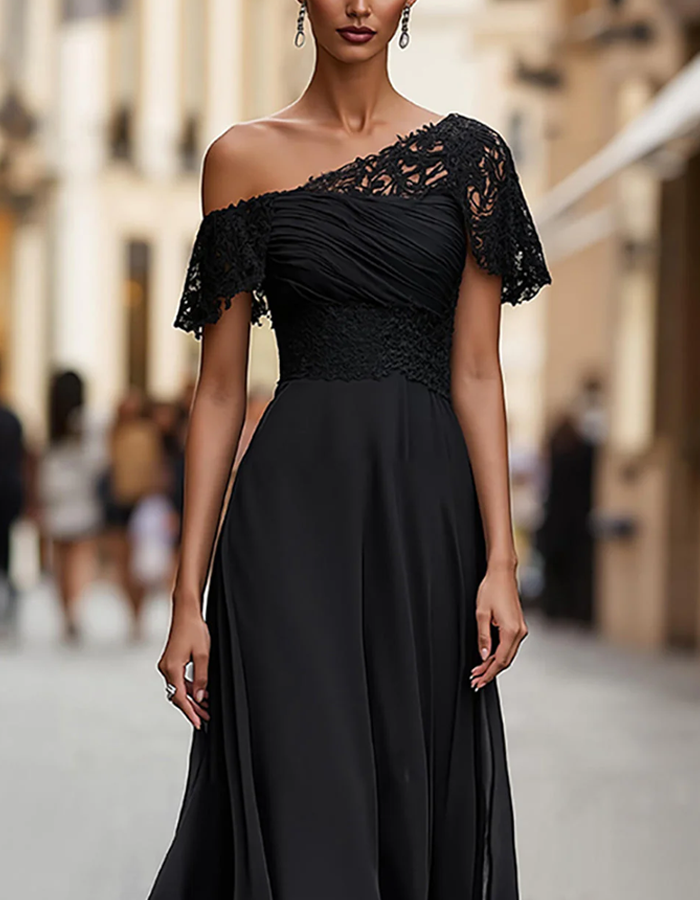 One-Shoulder Lace Chiffon Maxi Dress