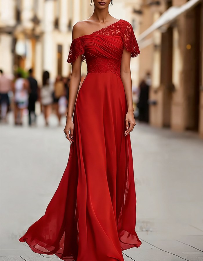 One-Shoulder Lace Chiffon Maxi Dress