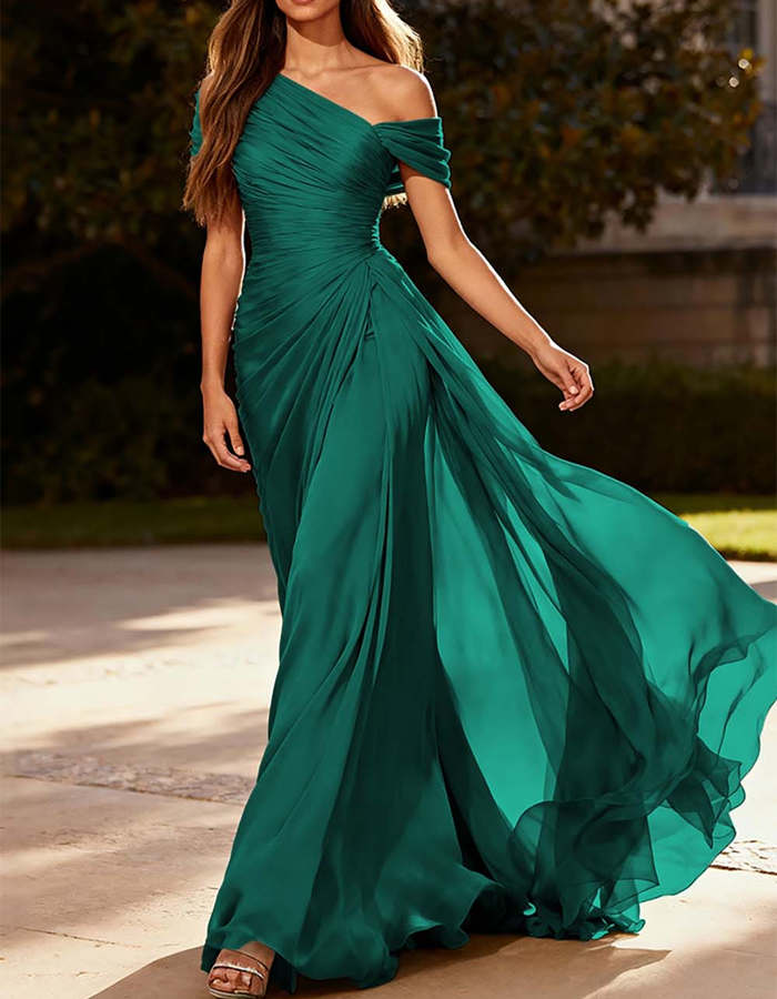 Vestido largo de chifón plisado con un solo hombro