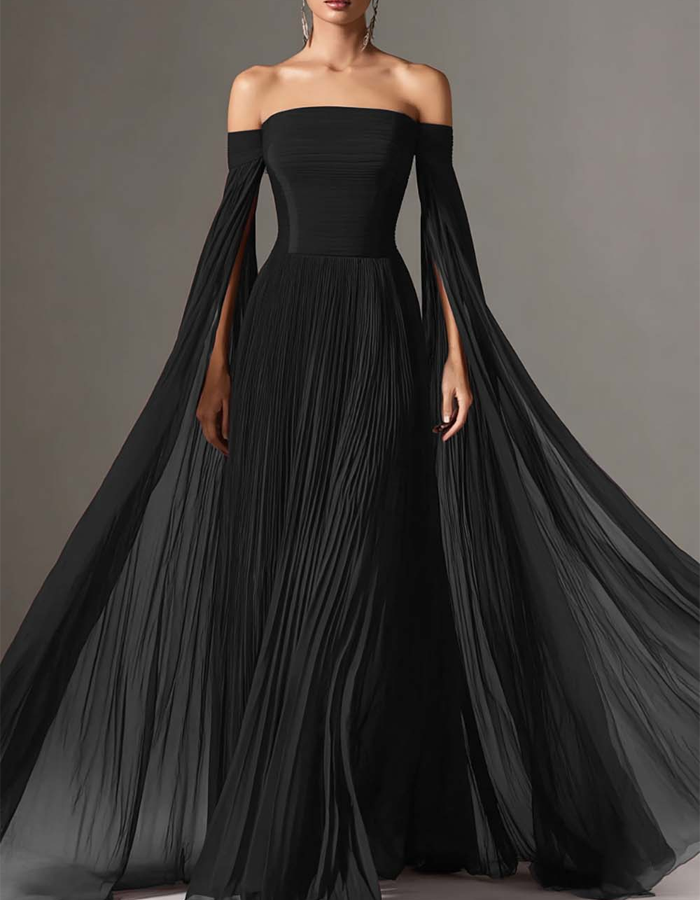 Off-the-Shoulder Pleated Chiffon Maxi Dress