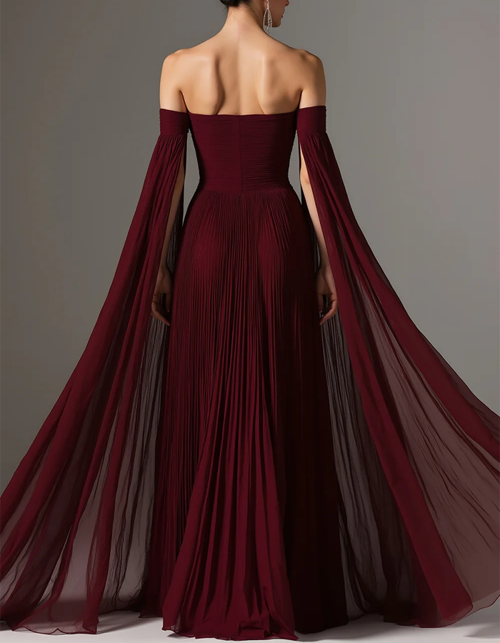 Off-the-Shoulder Pleated Chiffon Maxi Dress