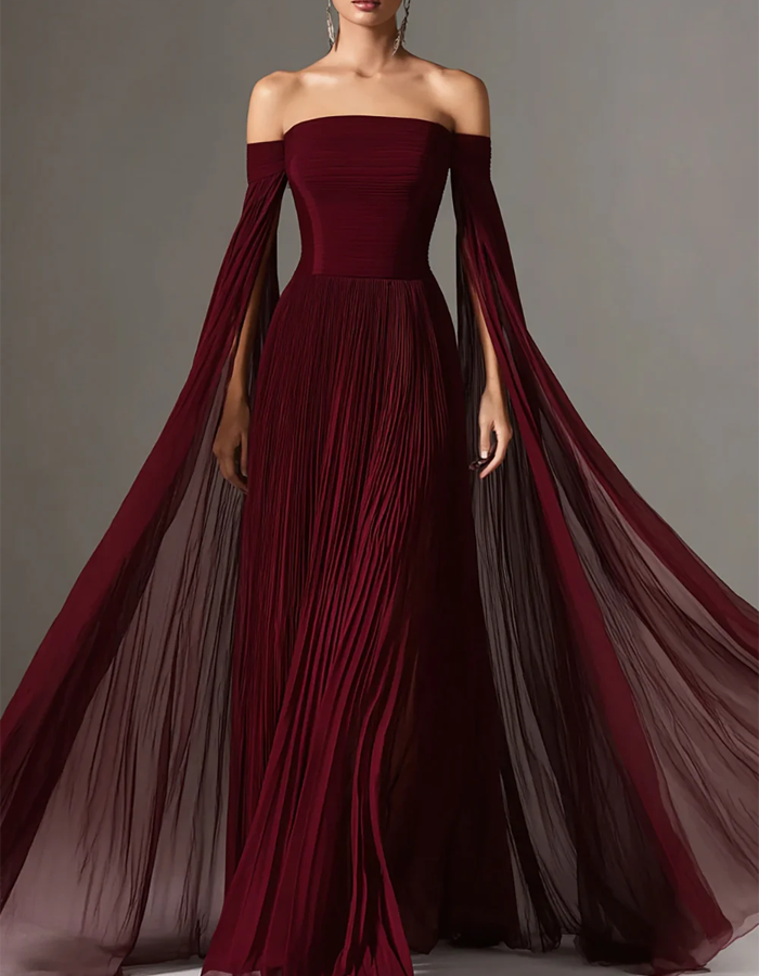 Off-the-Shoulder Pleated Chiffon Maxi Dress