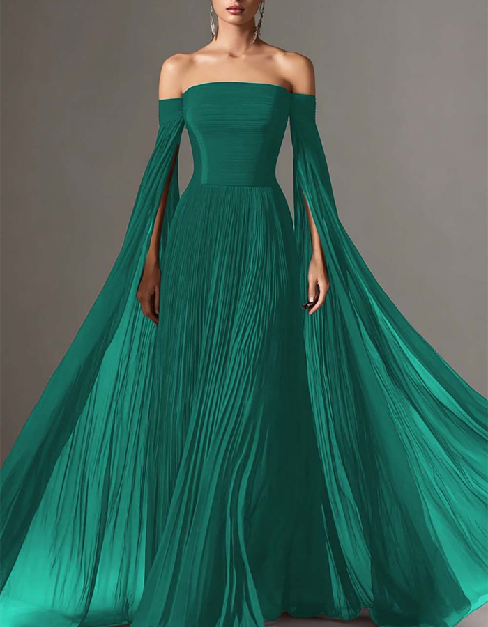 Off-the-Shoulder Pleated Chiffon Maxi Dress