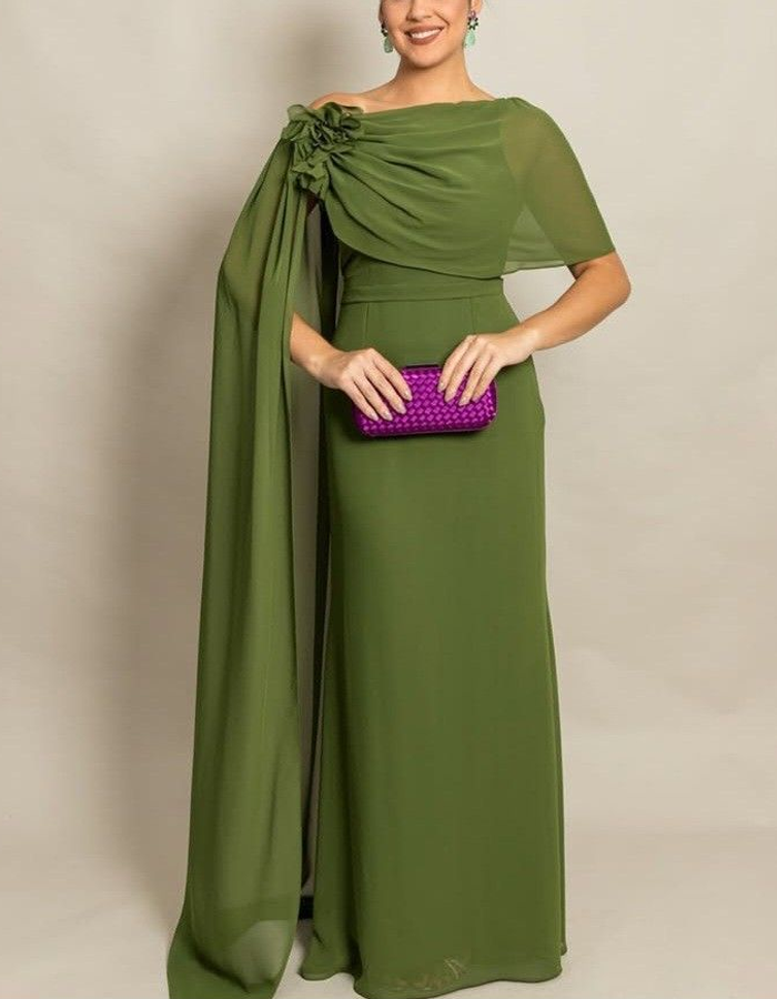 One-Shoulder Floral Draped Chiffon Maxi Dress