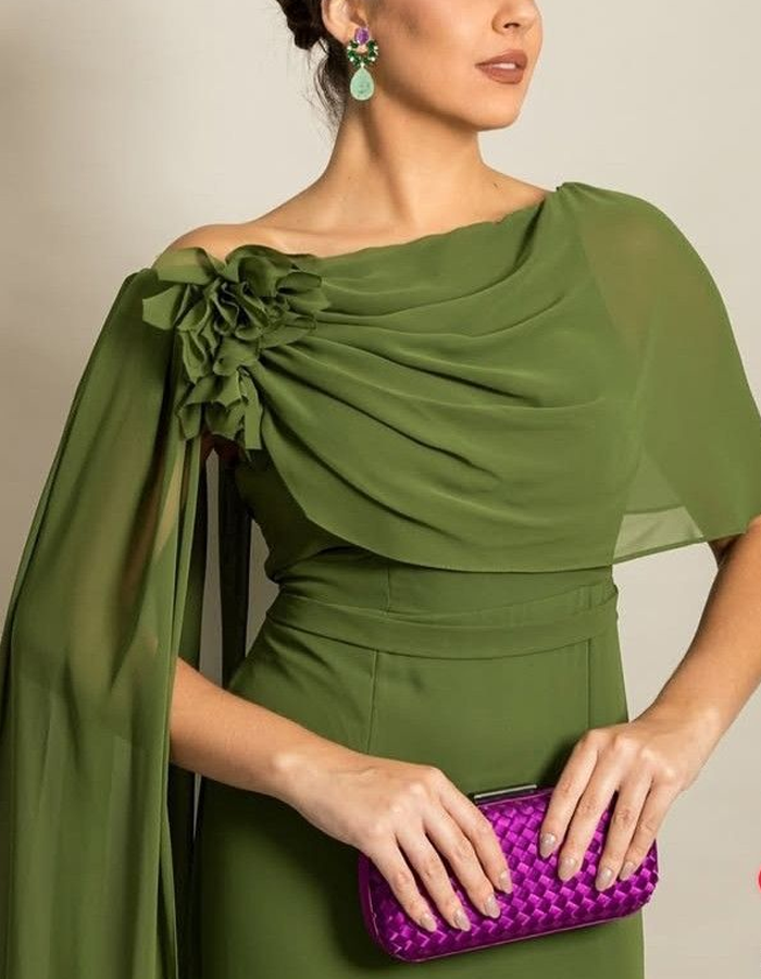 One-Shoulder Floral Draped Chiffon Maxi Dress