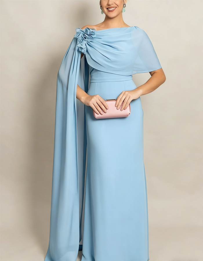 One-Shoulder Floral Draped Chiffon Maxi Dress