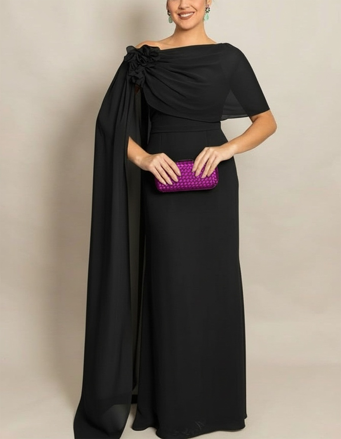 One-Shoulder Floral Draped Chiffon Maxi Dress