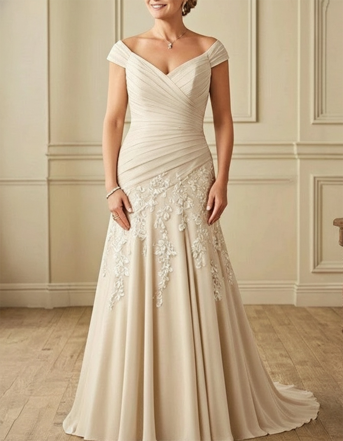 Off-the-Shoulder Ruffled Lace A-Line Maxi Dress