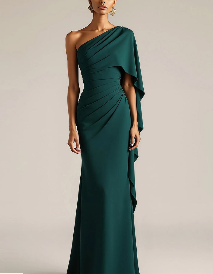 Dark Green Satin Sloping Shoulder Pleats Maxi Dress