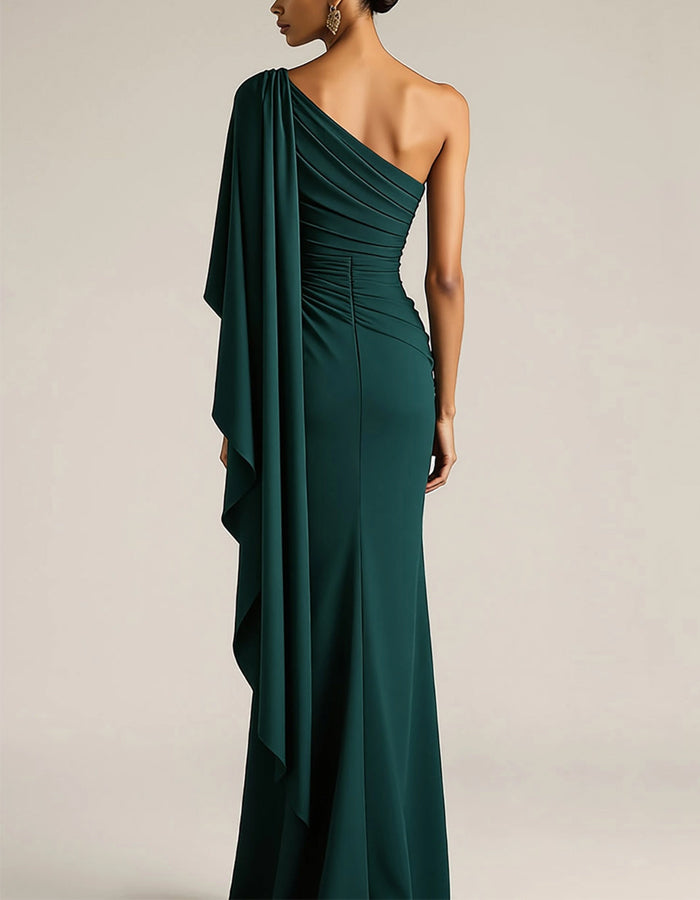 Dark Green Satin Sloping Shoulder Pleats Maxi Dress