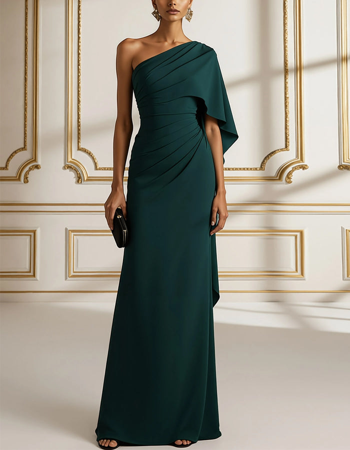 Dark Green Satin Sloping Shoulder Pleats Maxi Dress