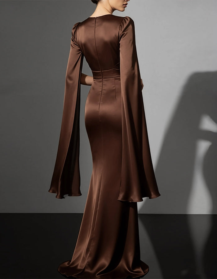 Dark Coffee Shimmering Satin Cape Sleeves Maxi Dress