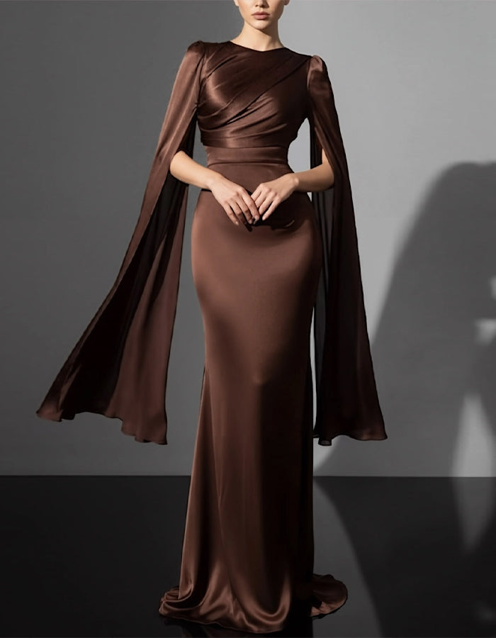 Dark Coffee Shimmering Satin Cape Sleeves Maxi Dress