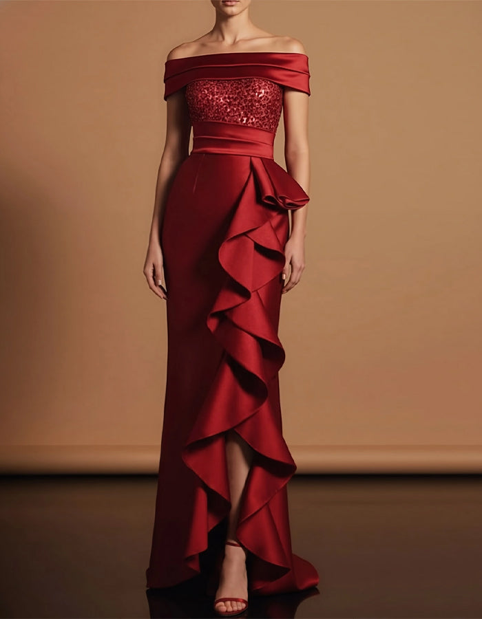 Burgundy Sequined Strapless Ruffled Maxi Dress