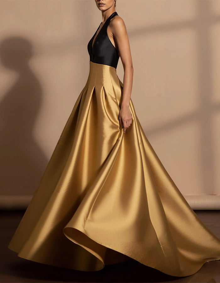 Color Blocked Halter Neck Satin Maxi Dress