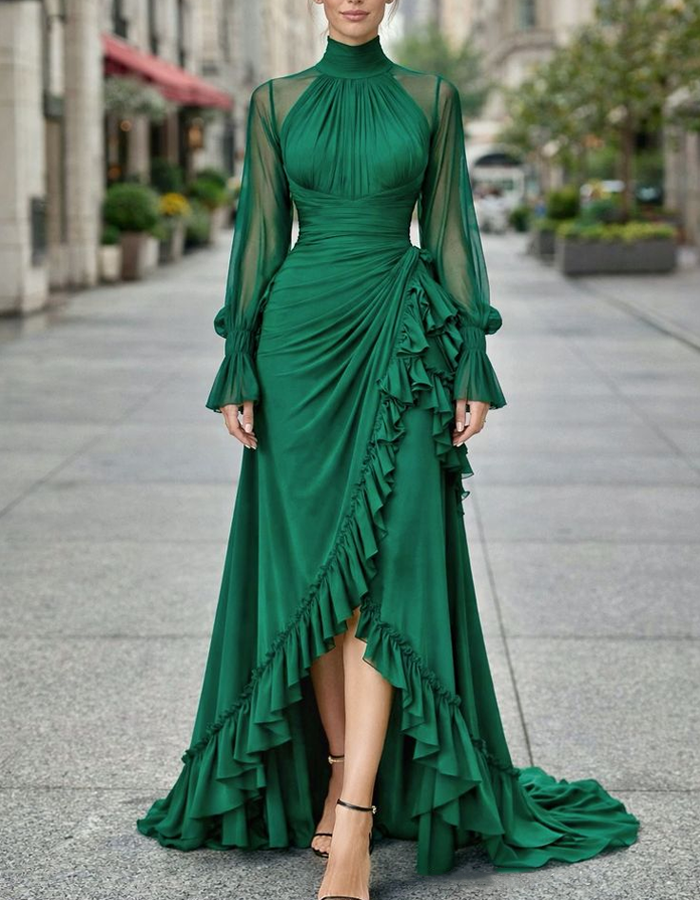 Emerald Green Chiffon Vintage Maxi Dress