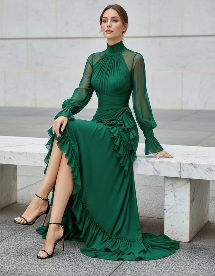Emerald Green Chiffon Vintage Maxi Dress