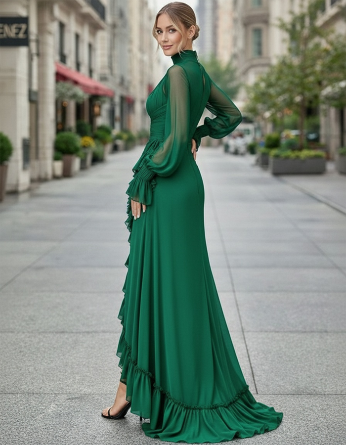 Emerald Green Chiffon Vintage Maxi Dress