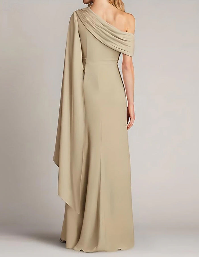 Solid Color One Shoulder Pleated Chiffon Cape Maxi Dress